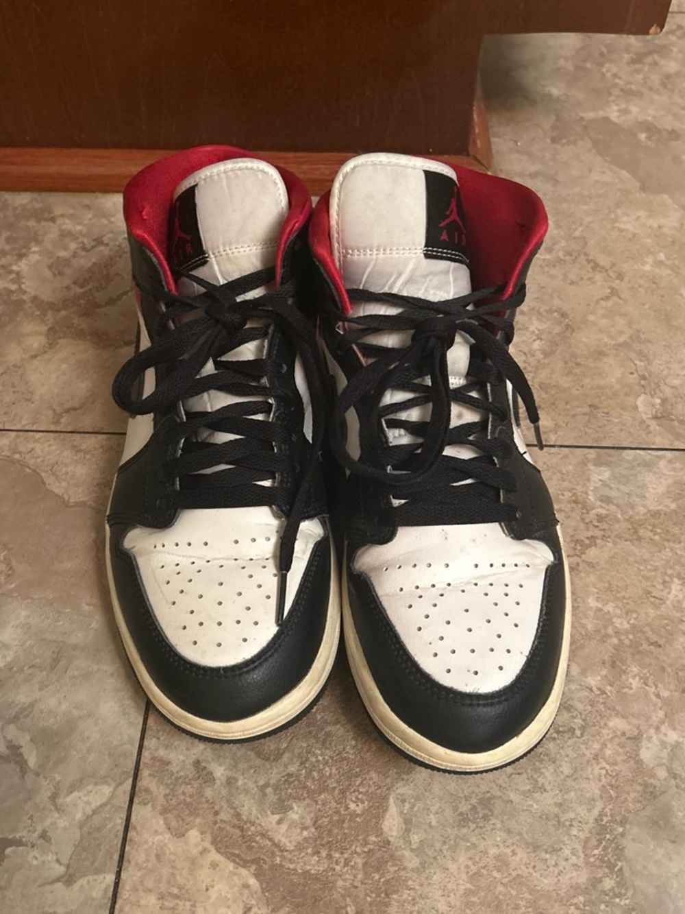Air Jordan 1s Women Mid-Top Sneakers in White, Black & Red